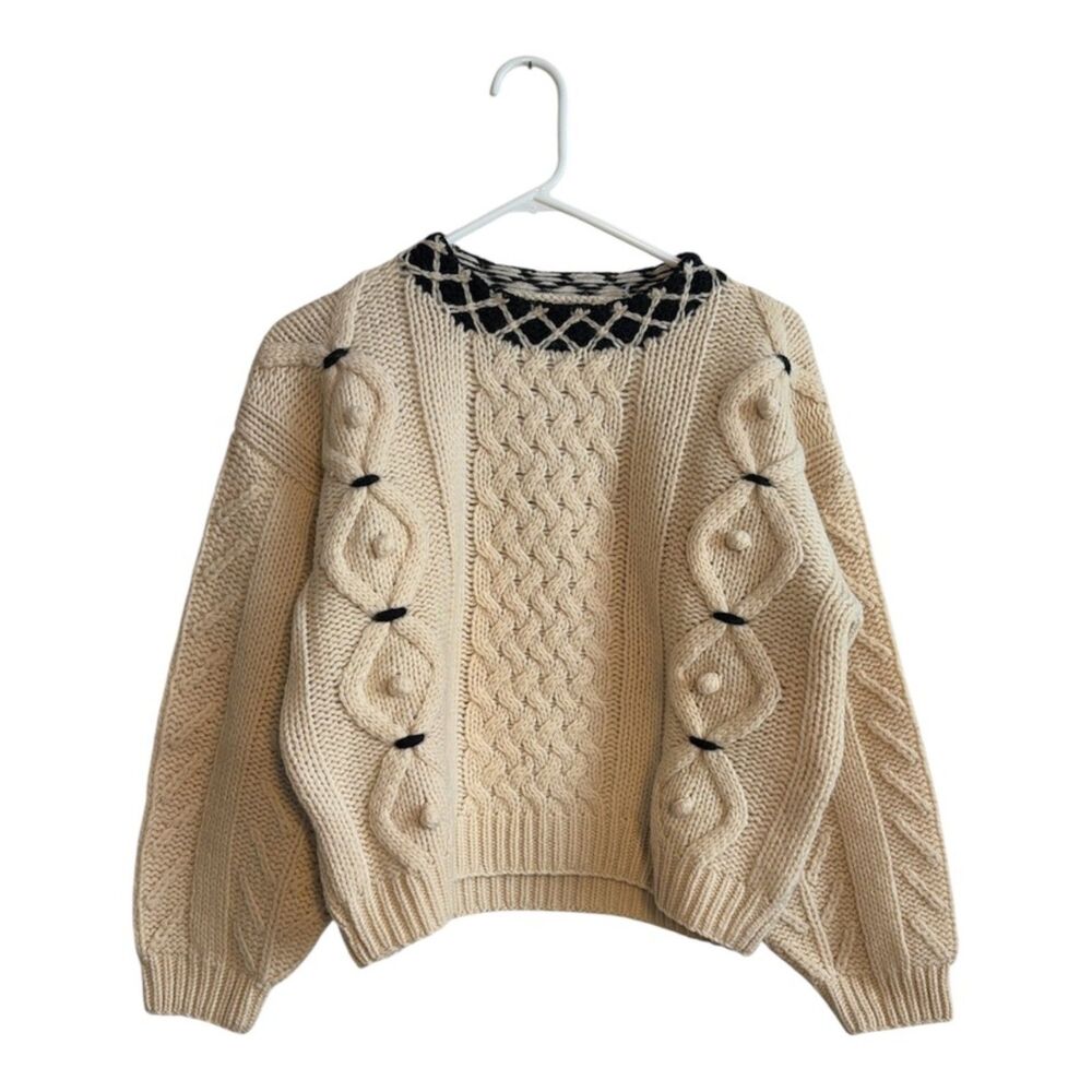 Esprit Sport Vintage Cream 100% Wool Cable Knit Bobble Sweater Black Collar S